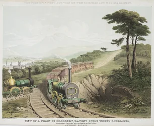 Vy över ett tåg av Prossers Patent Guide Wheel Carriages, c.1845